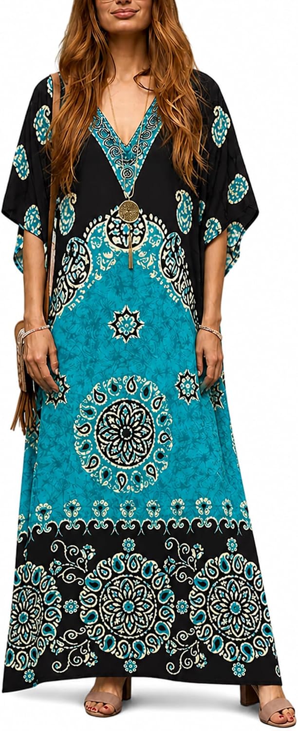 Oussum Plus Size Kaftan Dresses for Women, Polyester Summer Caftan Cover Up Maxi Beach Dress, 1X–3X