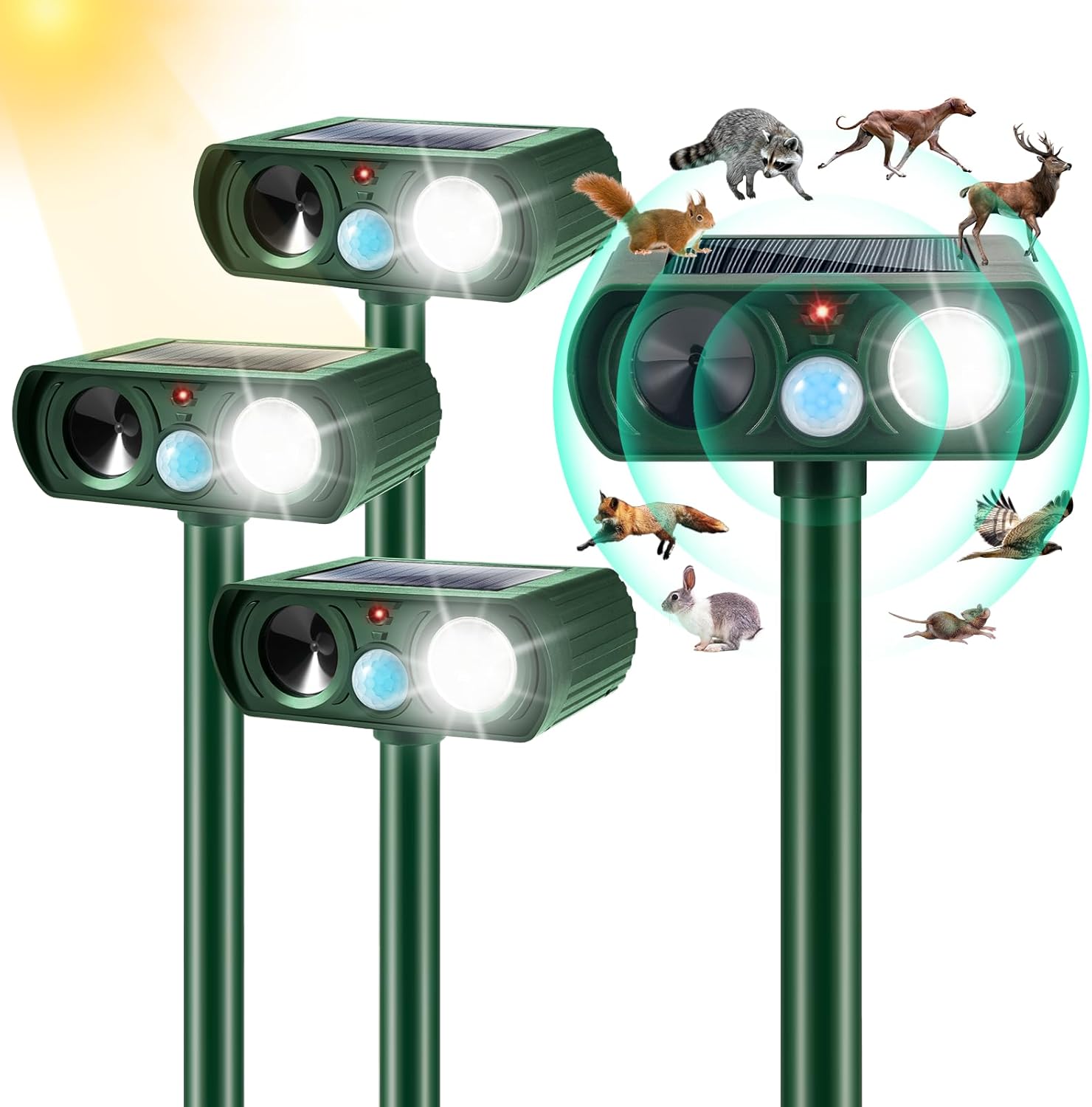 Solar Ultrasonic Animal Repellent,Deer Repellent Cat Repellent with Motion Sensor & Flashing Light, Squirrel Raccoon Skunk Rabbit Repellent Outdoor Animal Repeller Deterrent,4 Pack, Green