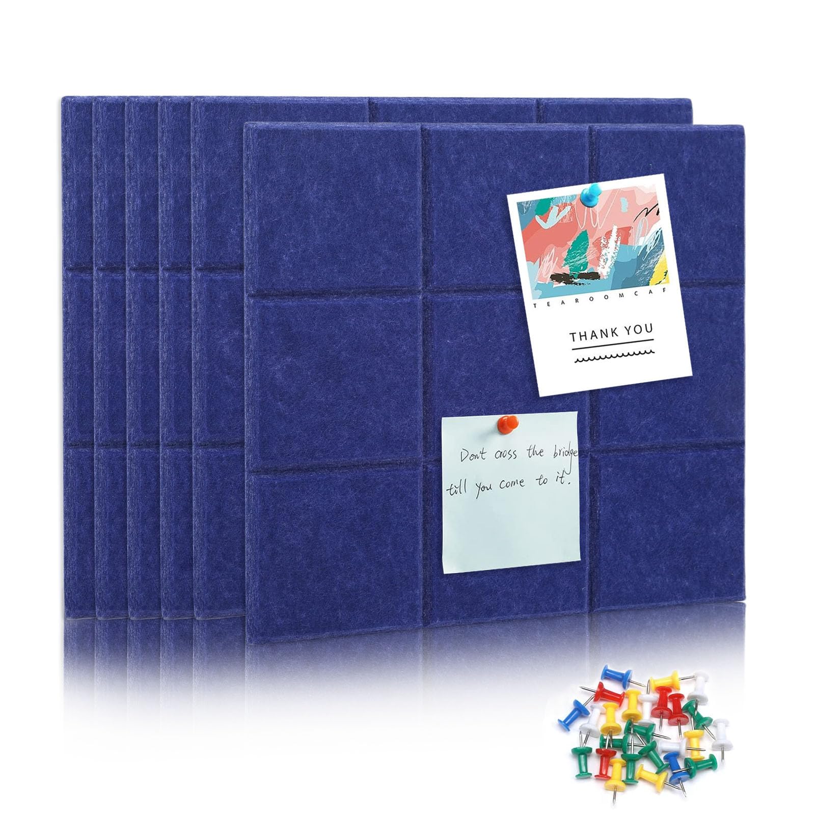 6 Packs Blue Cork Board Felt Board Tiles, Bulletin Board 12"X12" with 30 Push Pins, Felt Board for Home Kitchen Office Decor, Self-Adhesive Corkboard