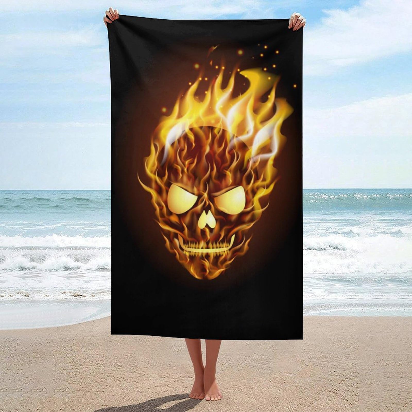 LEDFCVSU Beach Towel, Skull with Flame Bath Towel, Absorbent Towel for Swimming, Sports, Travel