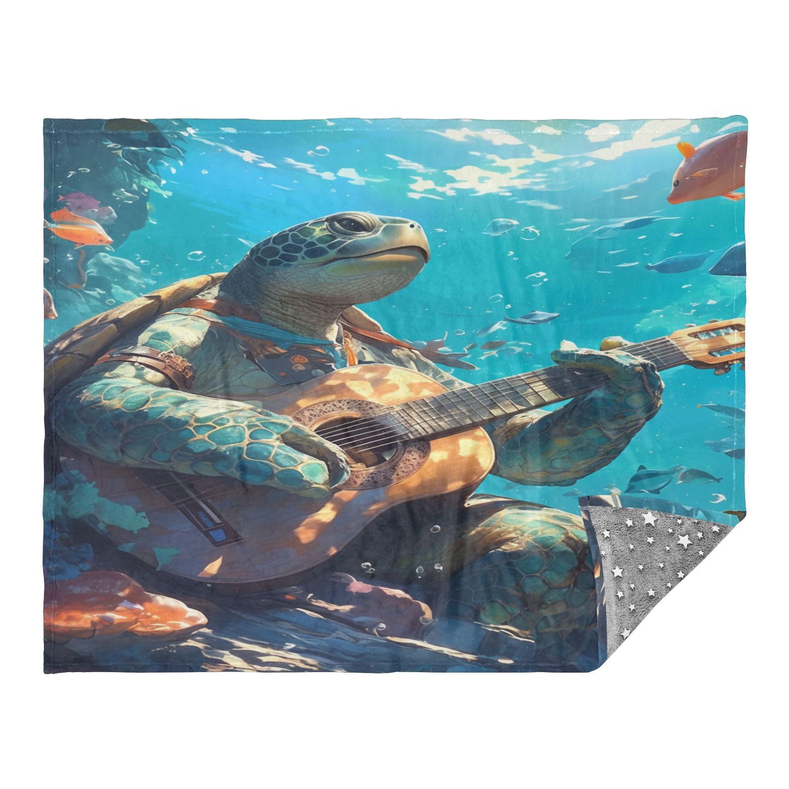 Plaid fille tortue verte guitare pour décorer une chambre d'adulte 140x178cm