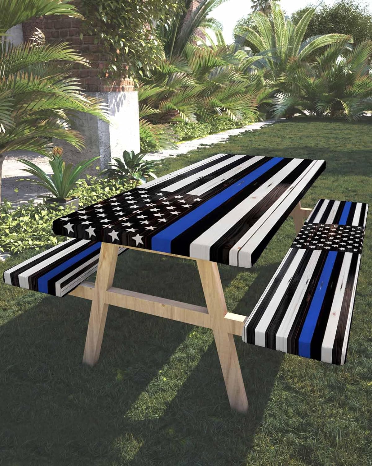 Picnic Table Cover with Bench Covers Elastic Flag Tablecloth for 6 FT Table Waterproof Thin Blue Line Vintage American Flag on Rustic Old Barn Wood Table Cover 72 Inch 3 Pcs Camping Essentials