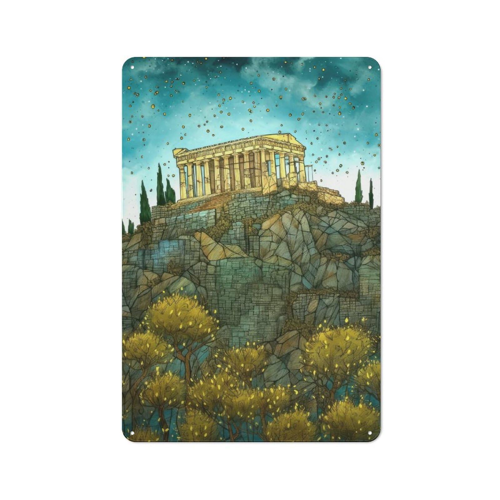 Junmoney Acropolis Athens Abstract Vintage Printed Metal Sign 30X20cm For Bar Or Restaurant, For Restaurant Interior Fans