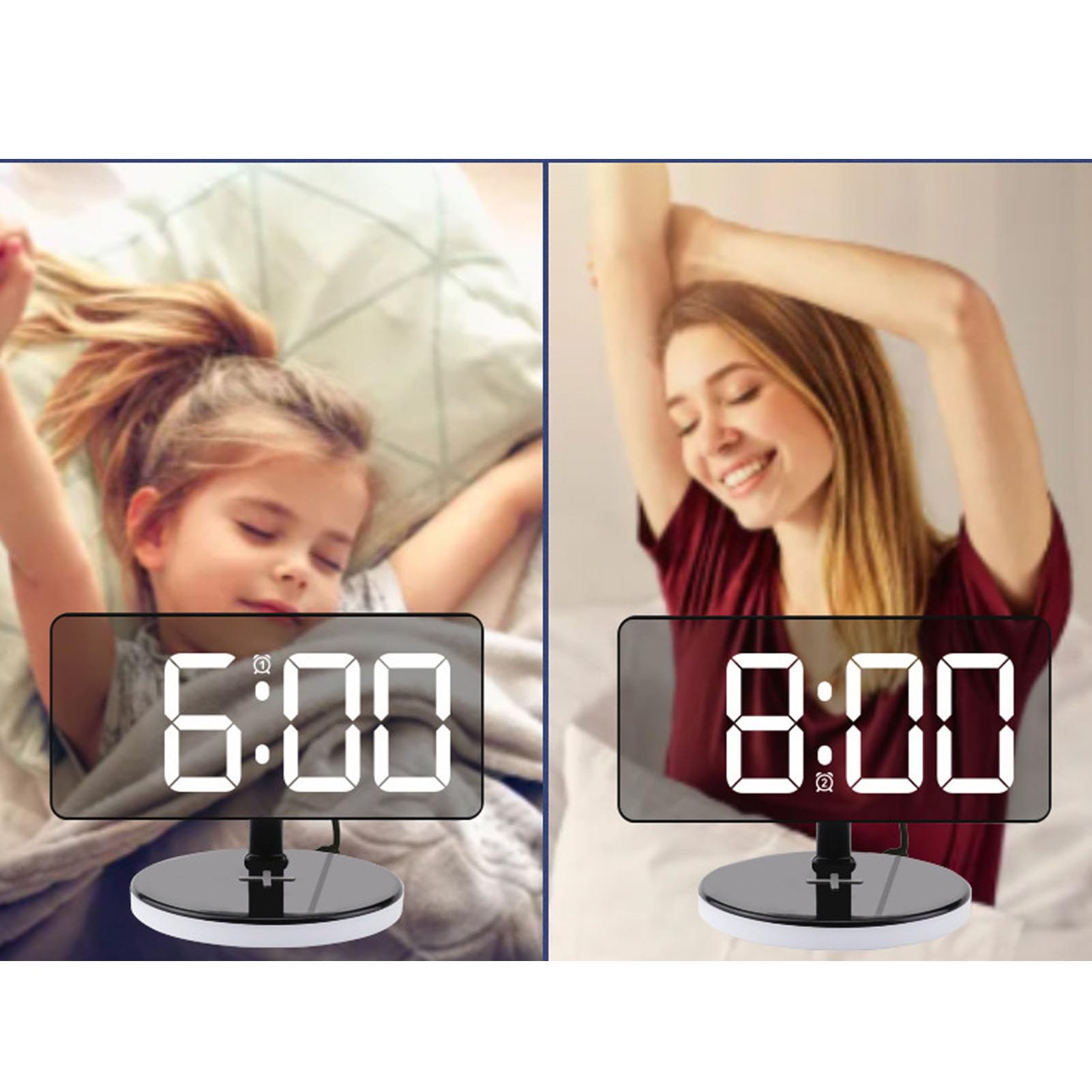 Reloj Despertador LED Digital, Pantalla de Espejo Grande de 7,3 Pulgadas con Cargador Inalámbrico, Función de Repetición, Luz RGB, Brillo Ajustable, Reloj de Escritorio (Black)
