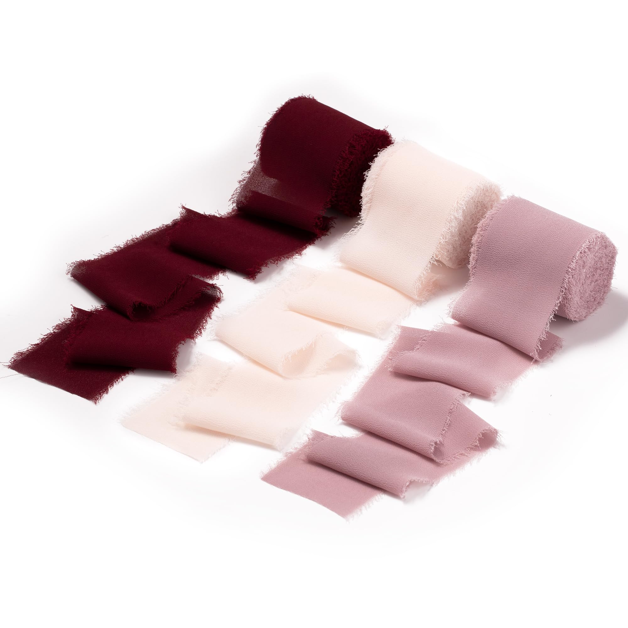 Doris Home Handmade Fringe Chiffon Silk-Like Ribbon 2" x 7Yd Set of 3 Rolls Ribbons for Wedding Invitations, Bouquets, Gift Wrapping (Burgundy/Mauve/Pink)