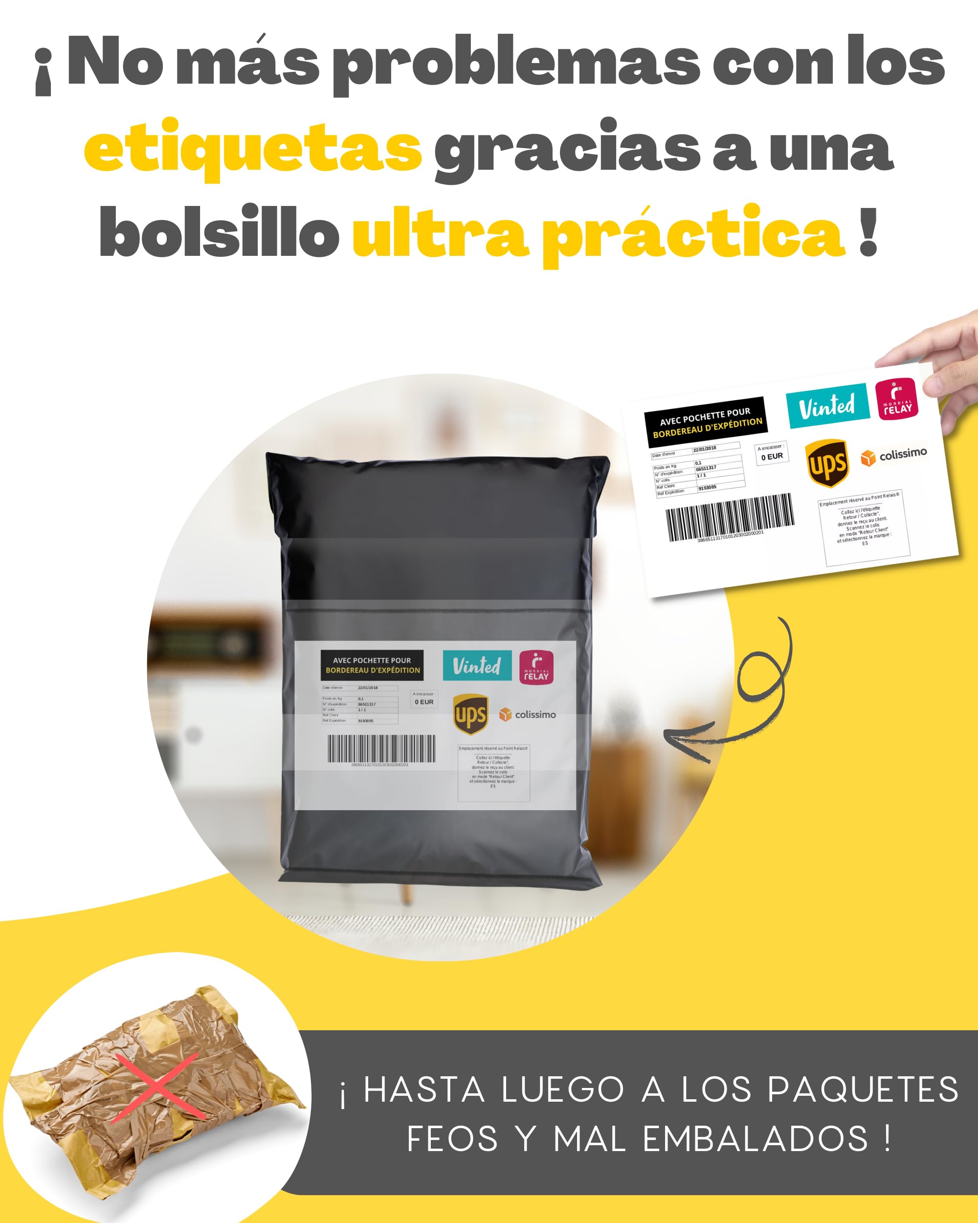 30 Bolsas para Envíos Vinted - Con Bolsa para ALBARÁN - 3 Tamaños S/M/L - 100% OPACO/ULTRA-RESISTENTE/IMPERMEABLE - Sobres Plastico - Bolsas de Envio Paquetes - Cajas Envios Paquetes