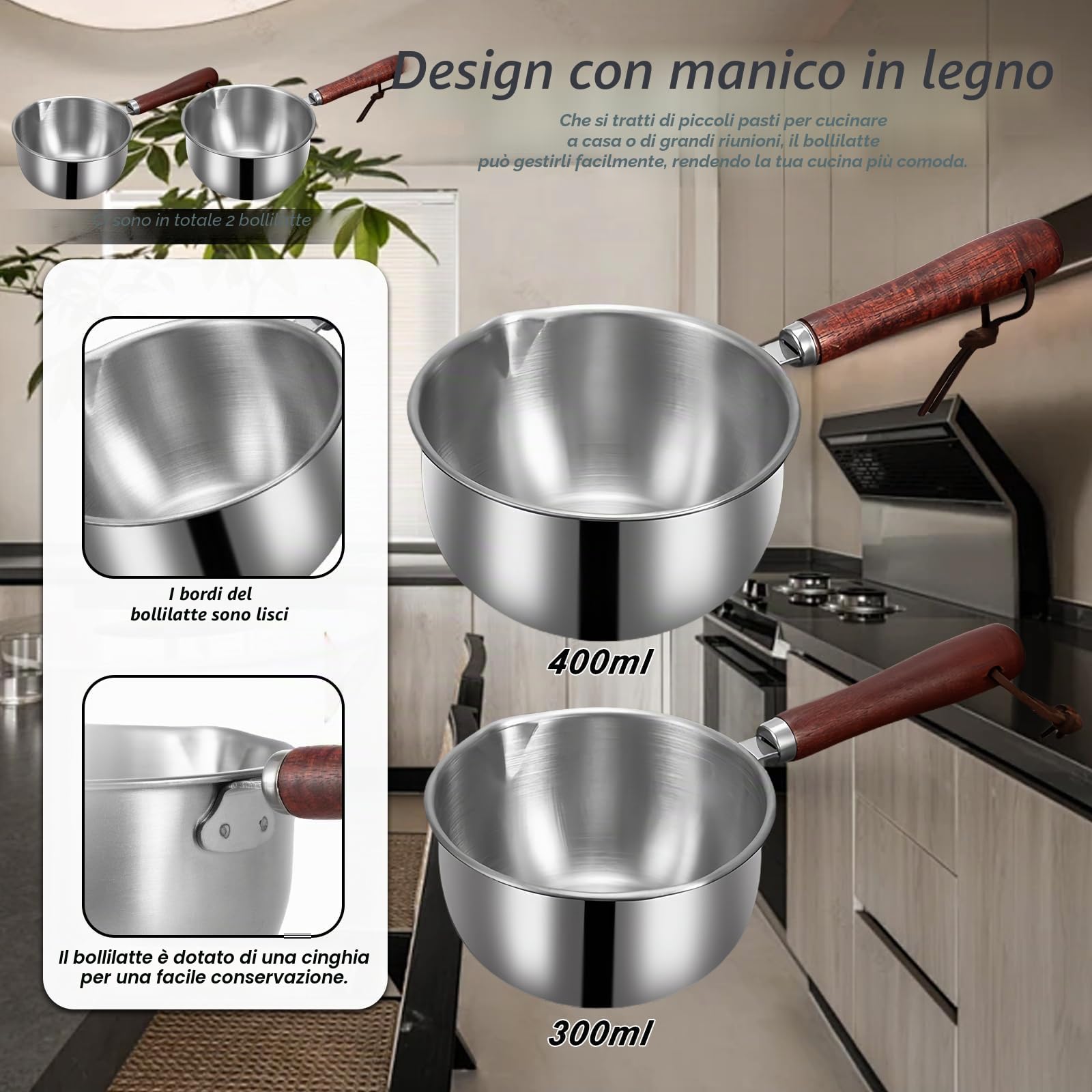 2 Pezzi Pentola per Latte Con Beccuccio: Padella in Acciaio Inox 304 Con Manico in Legno, per Induzione, Olio, Cucina a Gas (300 ml + 400 ml)