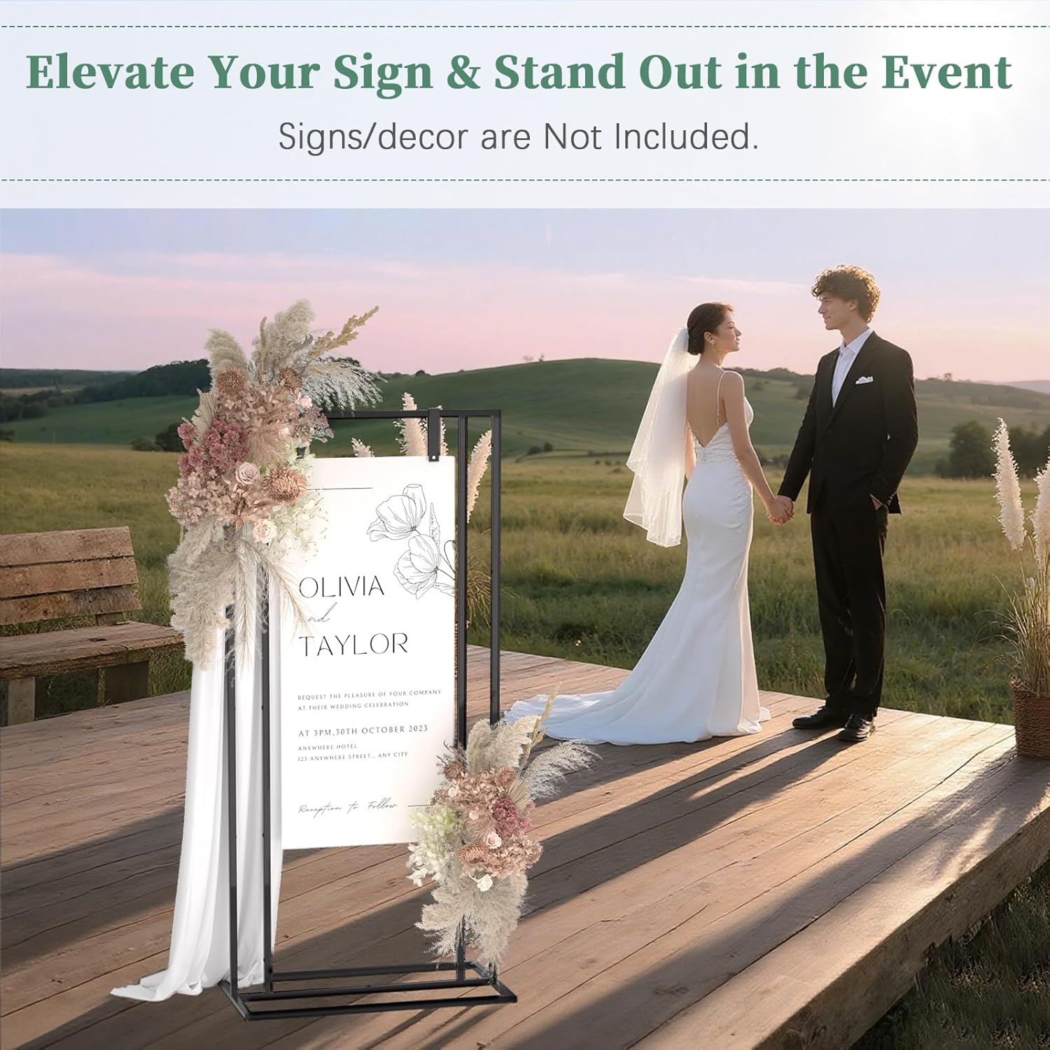 wedding welcome sign stand, 66”h adjustable heavy duty easel stand for sign with leather straps, welcome to our wedding sign holder, metal display stand easels for signs, posters (black)