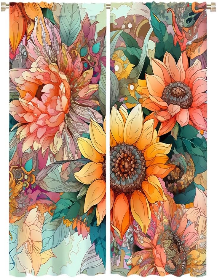 Vintage 70s Boho Sunflowers Blackout Curtains Colorful Dreamy Spring Garden Sunflower Florals Curtains for Living Room, Bedroom, Or Dining Room 2 Panels 63" L x 21" W