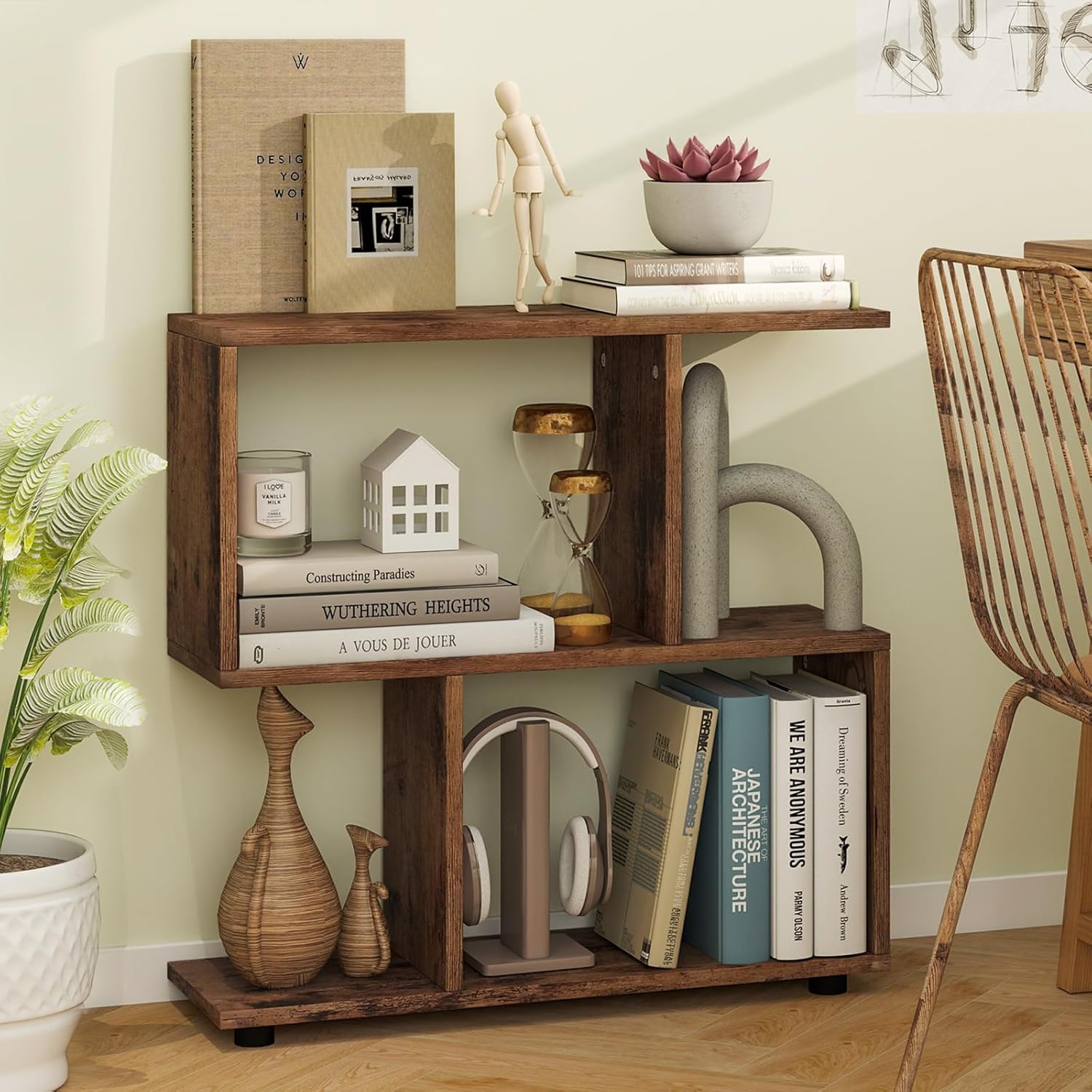 LOKO 3-Tier Geometric Bookshelf, S-Shaped Open Bookcase, Freestanding Decorative Storage Shelving, Home Storage Organizer for Living Room, Bedroom, Home Office (1, Rustic Brown)