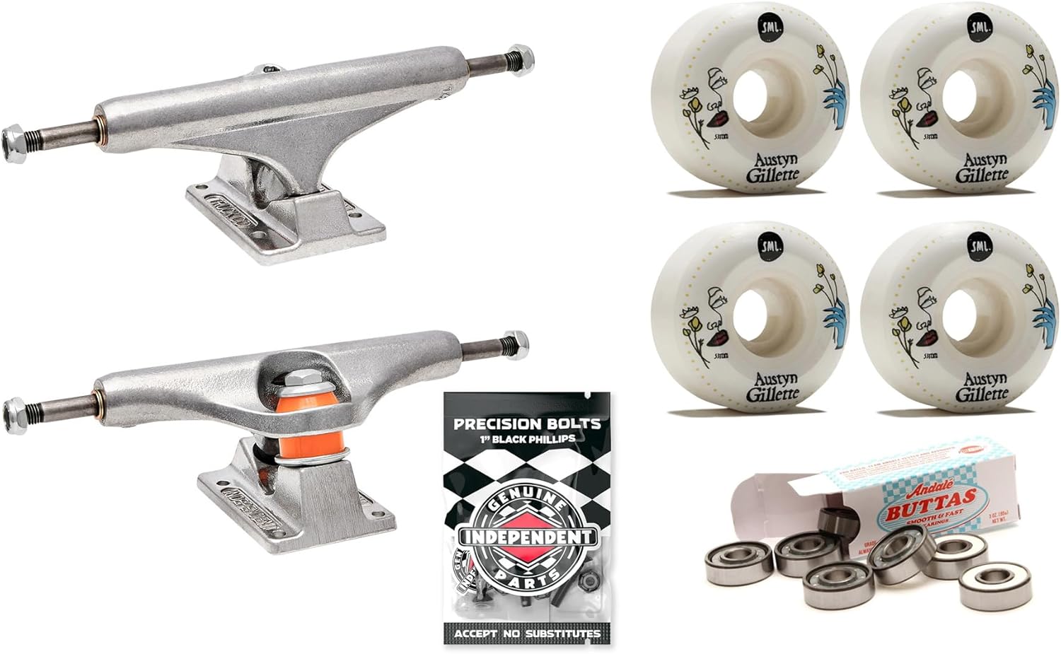 Upgrade Skateboard Premium Parts Package - Independent Trucks, 53mm Austyn Gillette Lucidity V-Cut Sml Wheels, Andale Bearings, Indy 1" Phillips Hardware