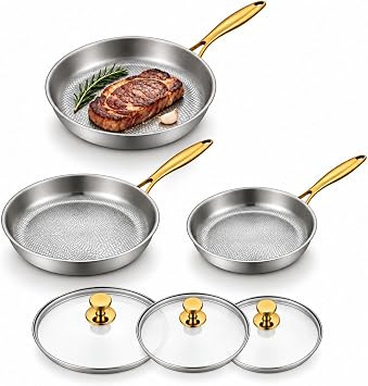 Titanium Pans Set with Lids, 8+10+12Inch Pure Titanium Hammered Upgarde Pro, Nonstick No-Coat Technology, PFAS/PFOA/PTFE Free Cookware, Dishwasher&Oven Safe, Kitchen Induction Compatible