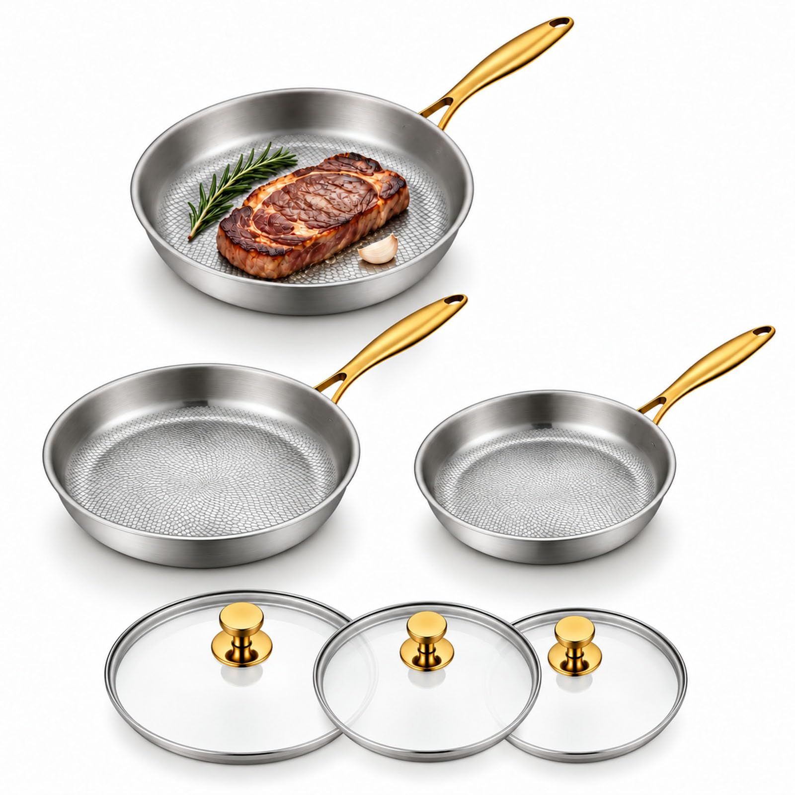 Titanium Pans Set with Lids, 8+10+12Inch Pure Titanium Hammered Upgarde Pro, Nonstick No-…