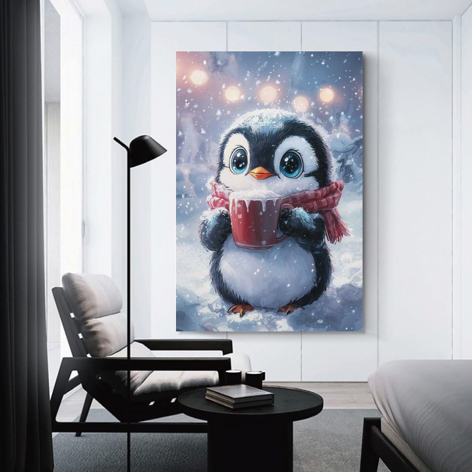 Junmoney Unframe-Style-2 Cute Penguin With Hot Cocoa Decorative Canvas Print, 20X30inch(50X75cm), For Home, Office, Studio Or Guest Room, Versatile Wall Decor For Many Rooms