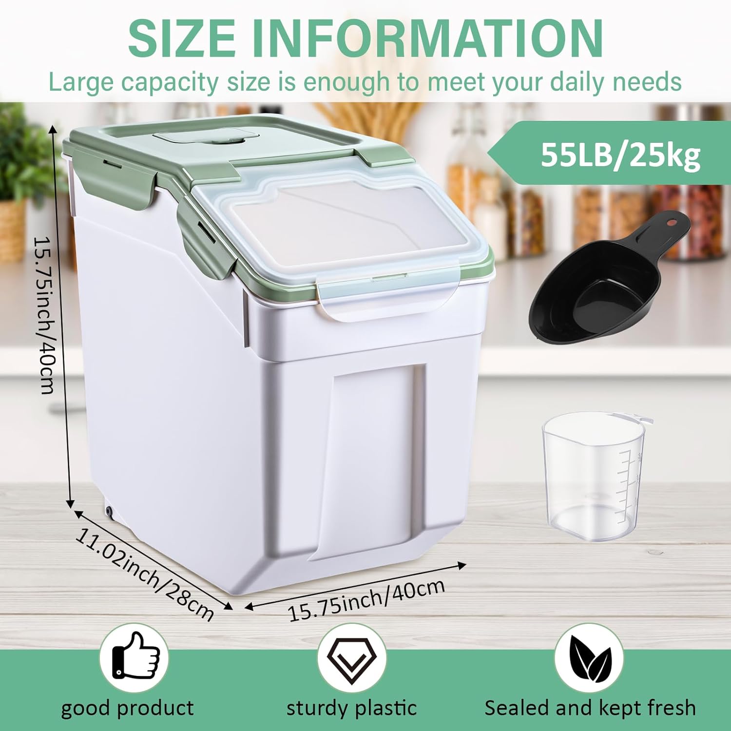 sunnyray 4 pcs 55 lbs grain rice storage container flour bin with wheels cup leak proof pet food storage boxes seal locking lid plastic rice containers set for cereal flour cat dog food (green) green 4