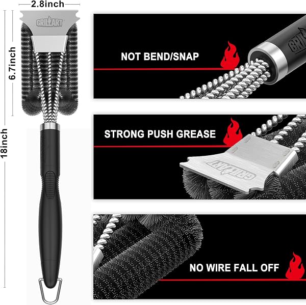 GRILLART Grill Brush and Scraper, Extra Strong BBQ Cleaner Accessories, Safe Wire Bristles Barbecue Triple Scrubbers Cleaning Brush for Gas/Charcoal Grilling Grates, Wizard Tool BR-8115 - 4