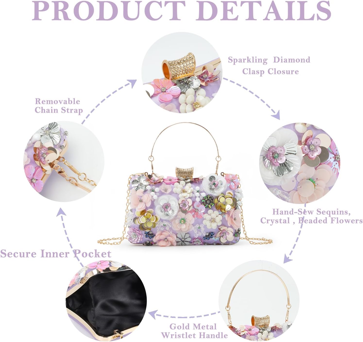 Lanpet Women Clutches Flower Evening Handbag Chain Strap Shoulder Bag - Image 5