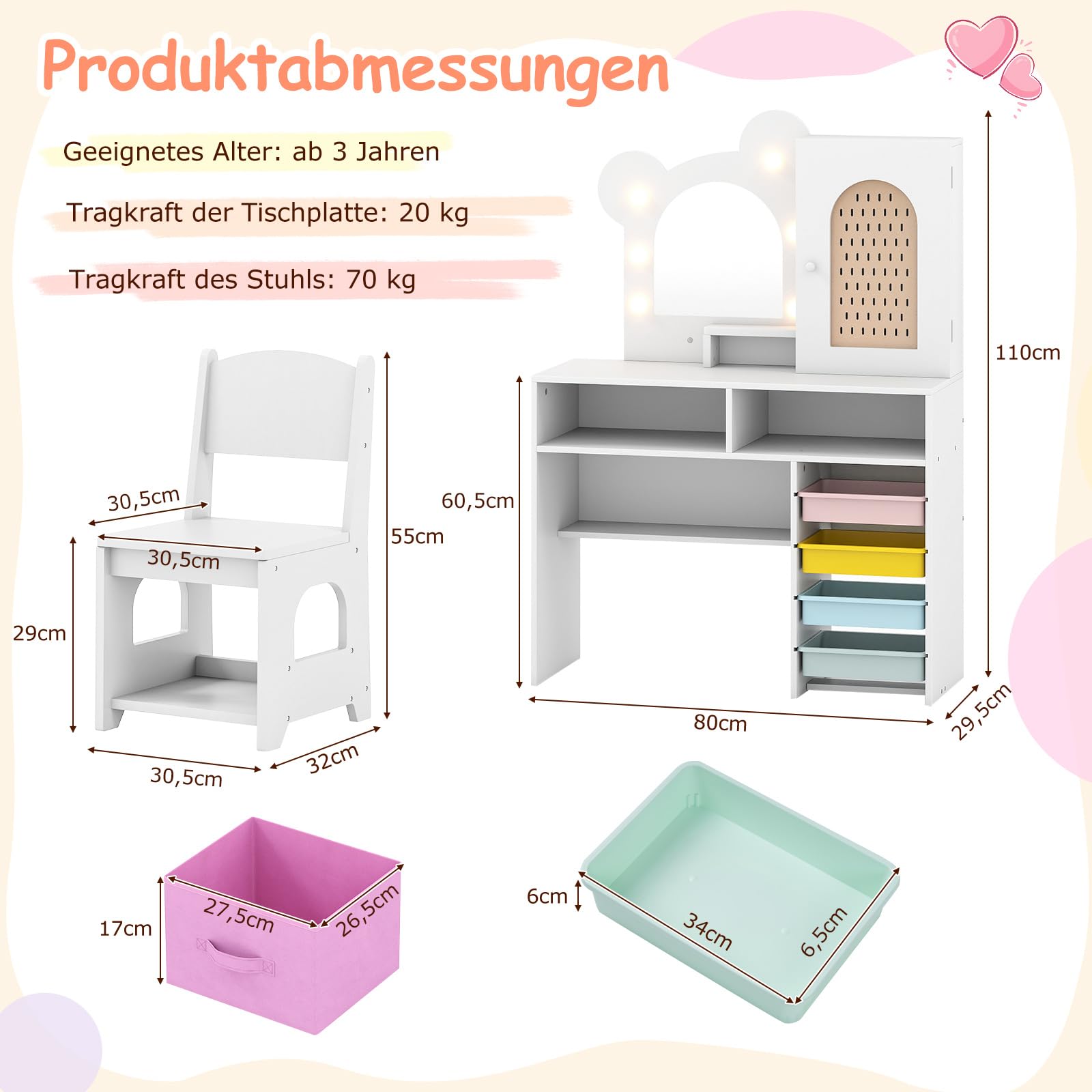 COSTWAY Schminktisch Kinder in Bärform, Kinderschminktisch mit Beleuchtung, Spiegel, Schrank, 5 Schubladen & Fächern, Frisiertisch Prinzessin aus Holz, Kosmetiktisch Set für Mädchen ab 3 Jahren (Weiß)