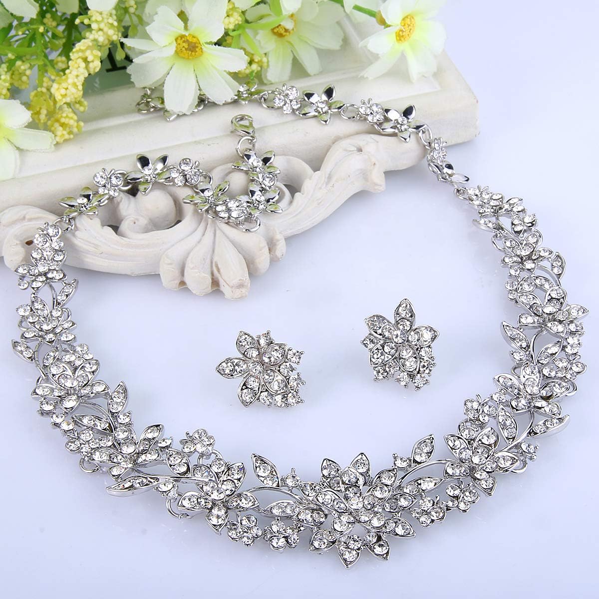 EVER FAITH Bridal Austrian Crystal Jewelry Set, Elegant Cluster Flower Leaf Necklace Earrings Set for Women - Image 4