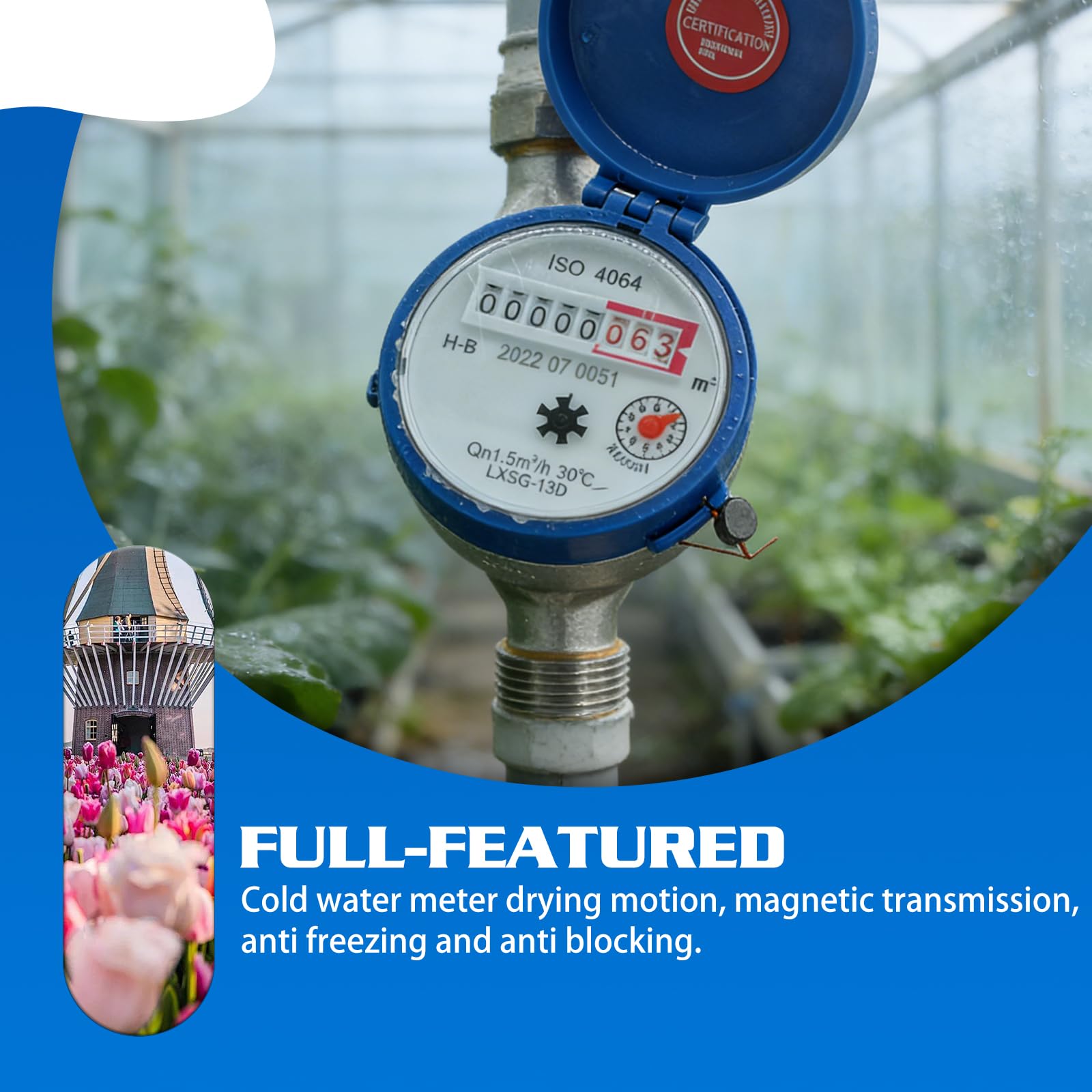 Compteur d'eau froide calibré 1/2" - Compteur d'eau de jardin avec couvercle de protection - Robinet - Compteur d'eau froide - Meilleure précision de mesure - Affichage numérique de 0 à 40 °C