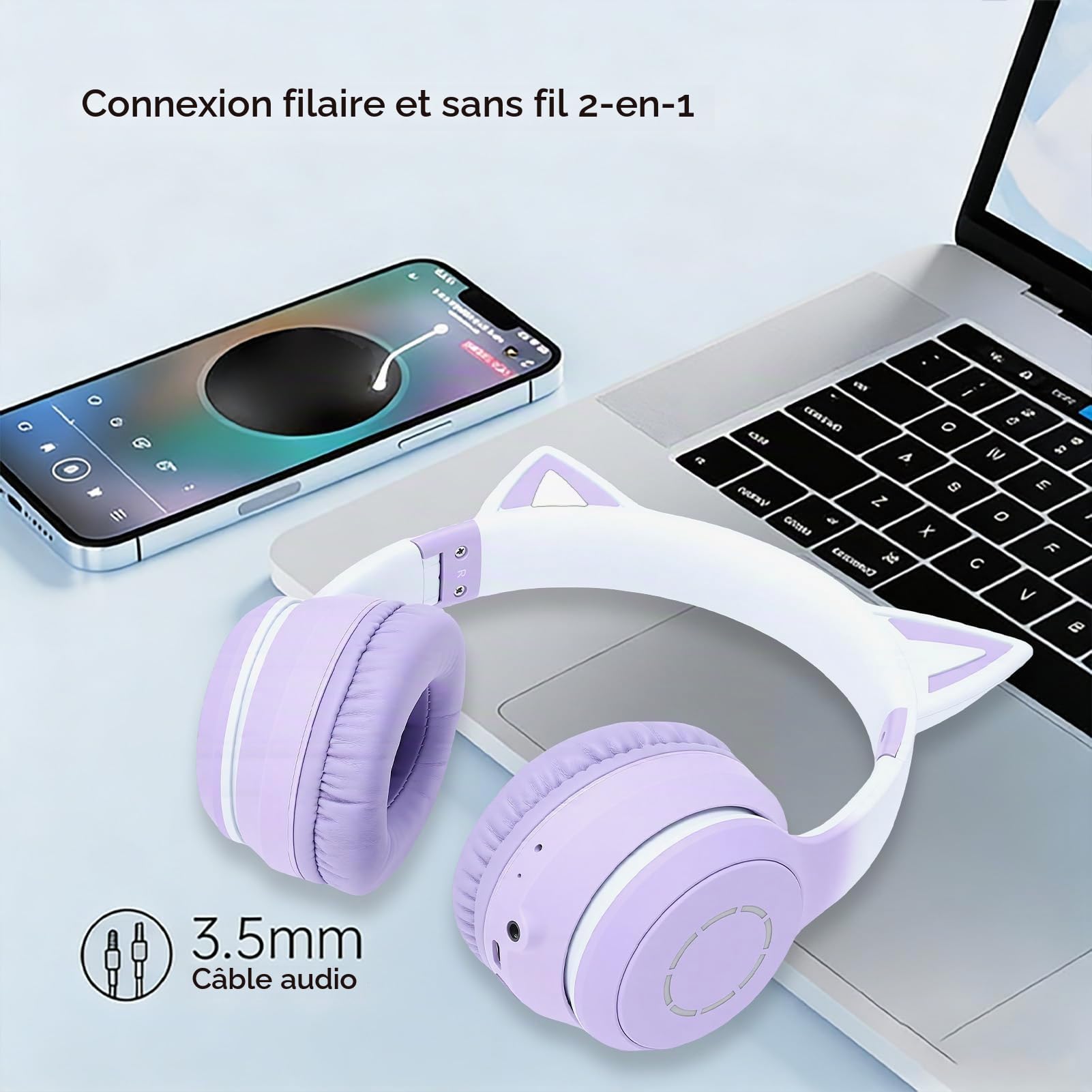 Casque Gaming sans Fil, Oreilles De Chat Mignonnes, Bluetooth 5.3, Éclairage LED, Microphone Amovible, Haut-Parleurs 40 Mm, Câble AUX 3,5 Mm, Pliable, Coussinets Confortables (Purple)