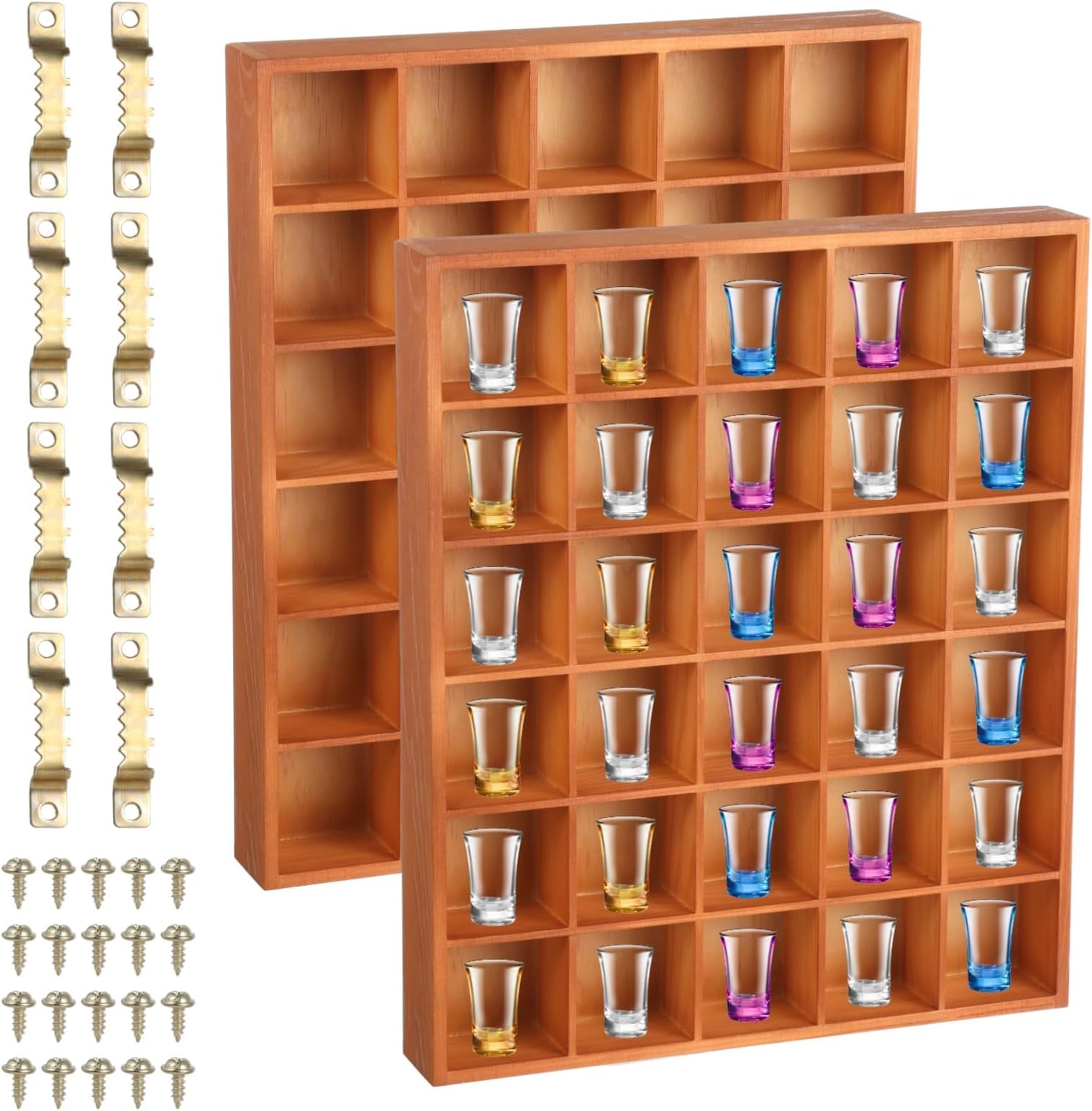 2 Pcs Shot Glass Display Cases, 30-Slot Wooden Shot Glass Holders, Desktop & Wall-Mounted Shot Glass Shelves, Rustic Collection Organizers, Freestanding Display Racks for Decor