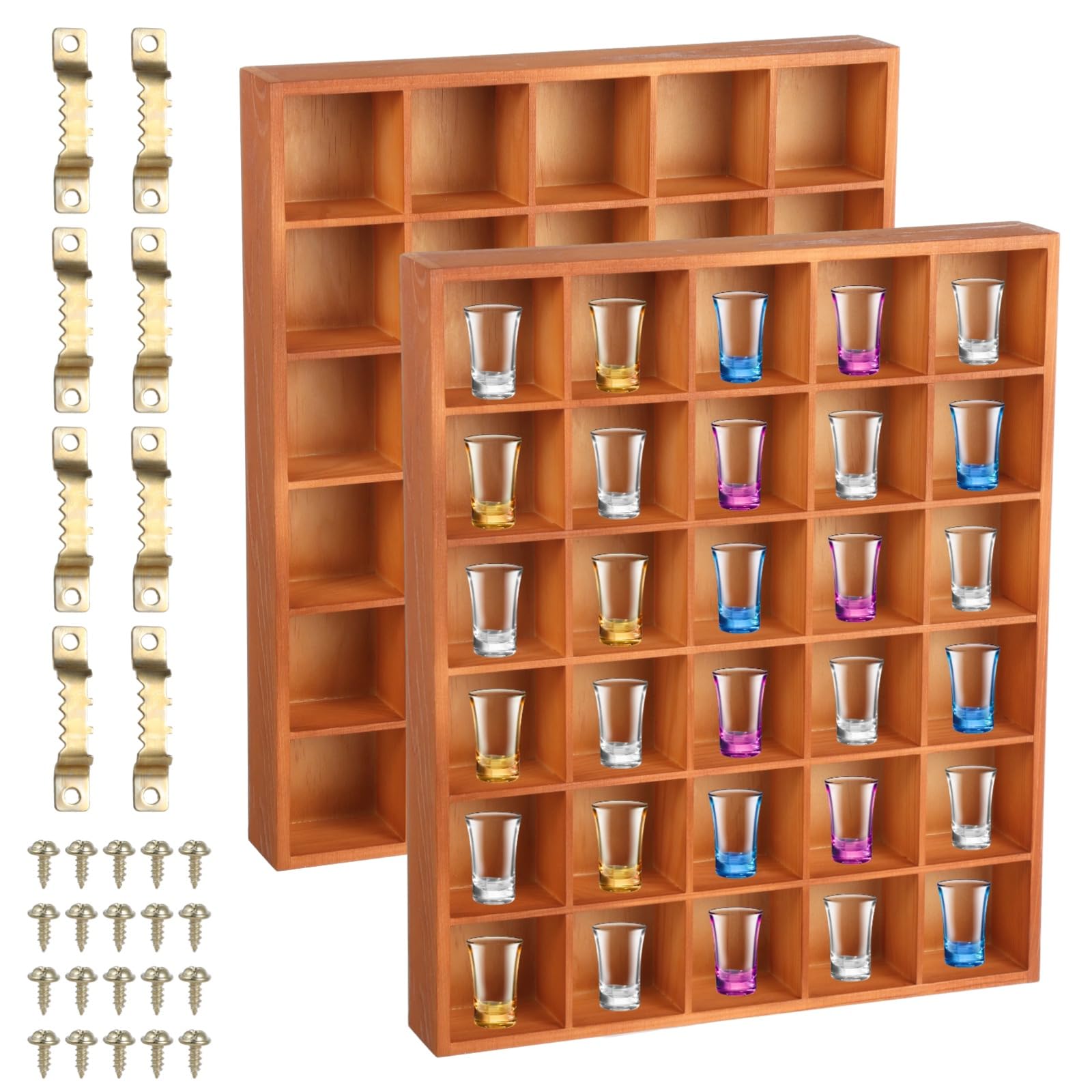2 vetrine per bicchieri, 30 scomparti in legno, tavolo e mensola da parete, organizer per collezioni, espositore autoportante per decorazione