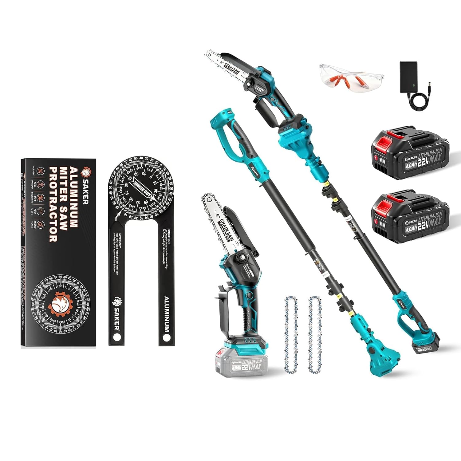 Saker Miter Saw Protractor|7-Inch Aluminum Protractor Angle Finder + Saker 2-in-1 Electric Pole Saw,Cordless Pole Saw Battery Powered,6 Inch Brushless Mini Chainsaw with 22V 4.0Ah Batteries