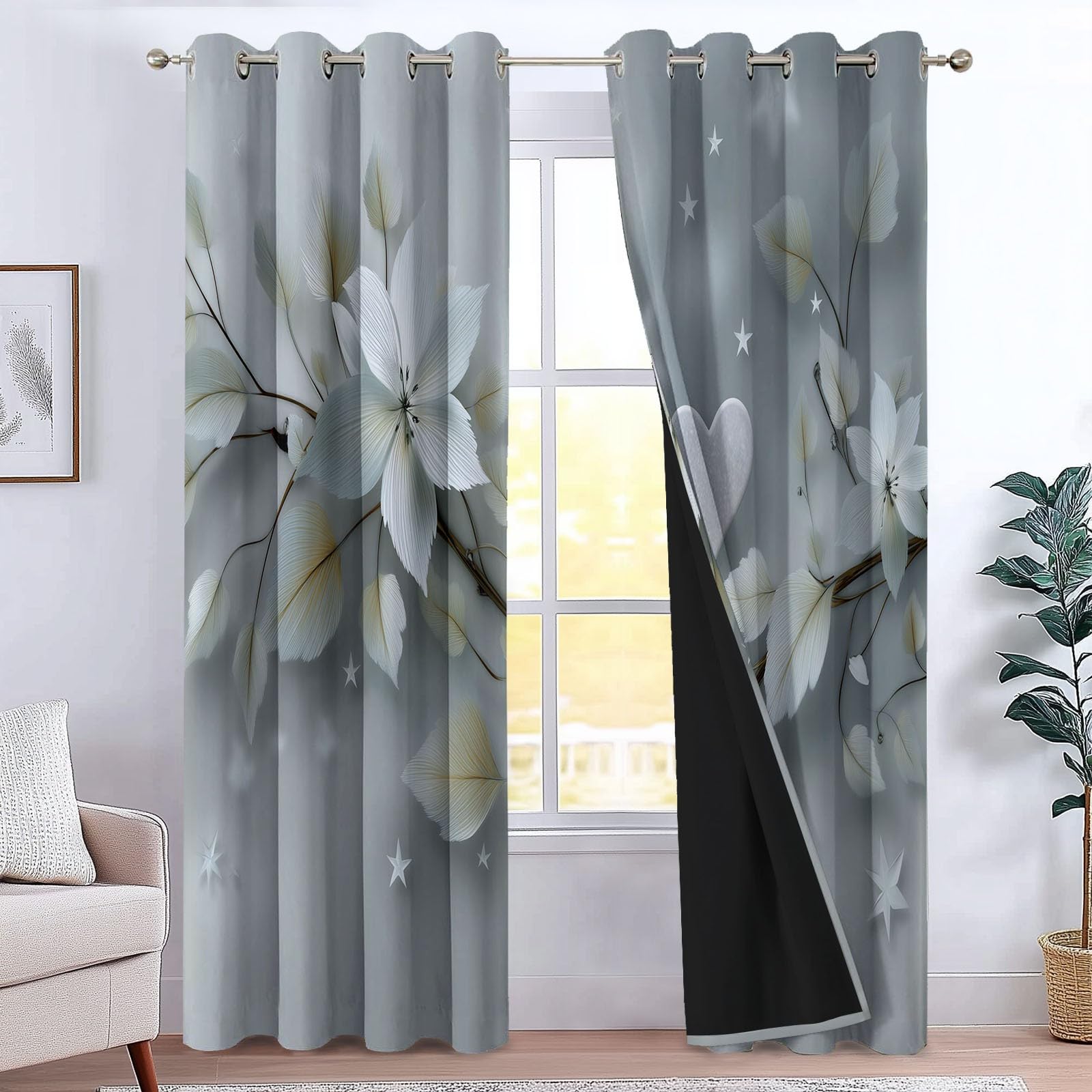 Tende Oscuranti per Interni 2 Pezzi 140x140 cm (LxA), Motivo Floreale Foglie 3D Tenda Coprente per Soggiorno, Termiche Isolanti Grigio Tendaggi per Interno Finestra per Salotto