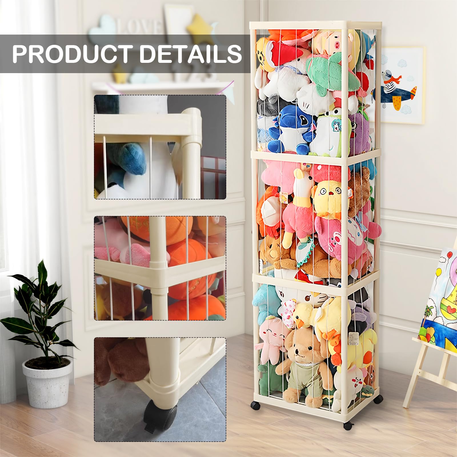 Kuscheltier Aufbewahrung, Stofftier Aufbewahrung mit Elastisches Band und 360°Bremse-Ausgestattete Räder Plüschtier Lagerung Kuscheltierzoo für Kinderzimmer Spielzimmer Schlafzimmer Organizer
