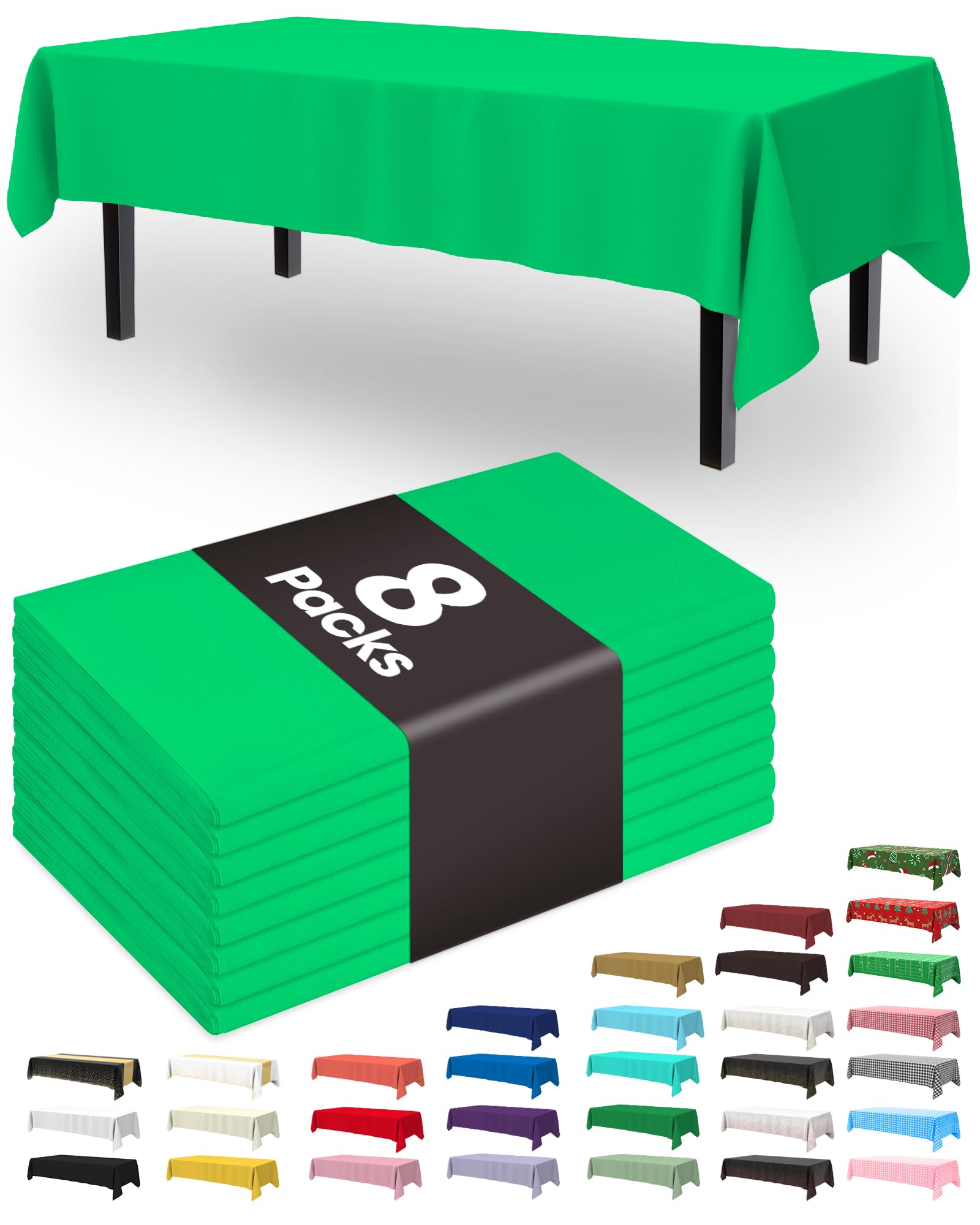 Pureegg Plastic Table Cloth Disposable 8 Pack, 54 x 108 Inch Table Cloths, St Patricks Day, Christmas Decorations, Tablecloths, Rectangle, Forest, Emerald, Plastic Cover, Leakproof &amp; Sturdy, Green