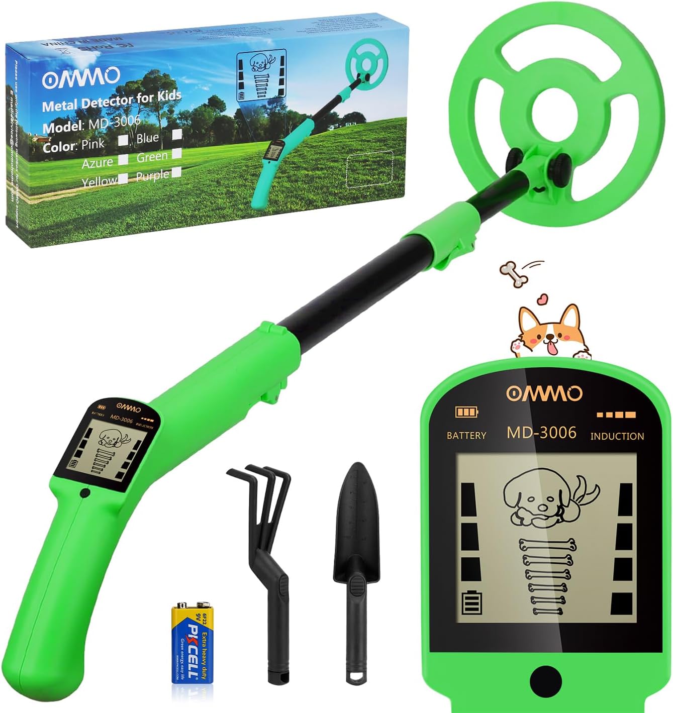 – Metal Detector Kids, Adjustable Stem18.3''-37.8'' Metal Detector with LCD Display, Lightweight Kids Metal Detectors with 6'' Waterproof Coil, Gold detector for Beginners, Shovel, Rake, Green