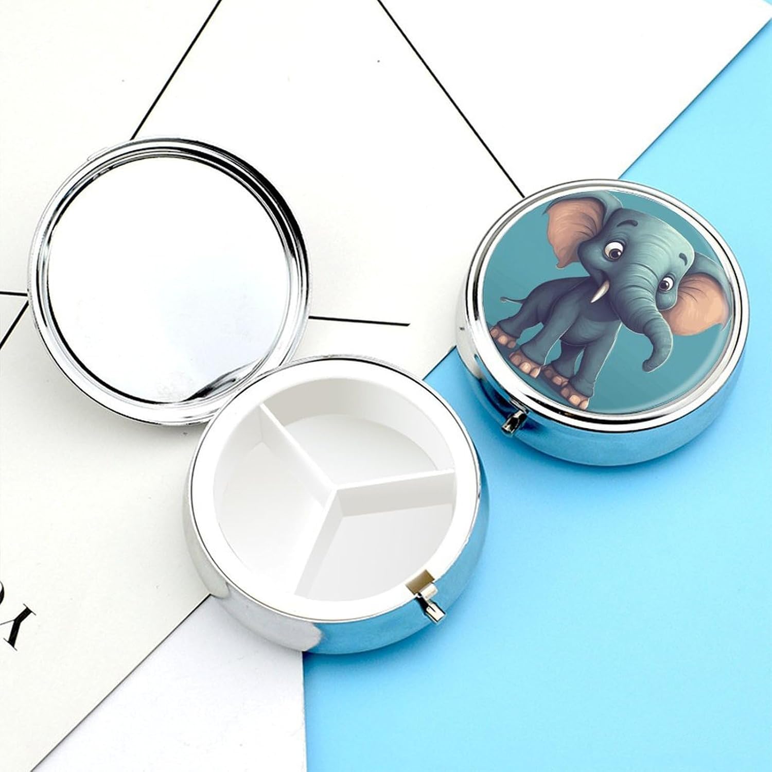 Round Silver Pill Box Small Pill Case for Purse and Pocket 3 Compartment