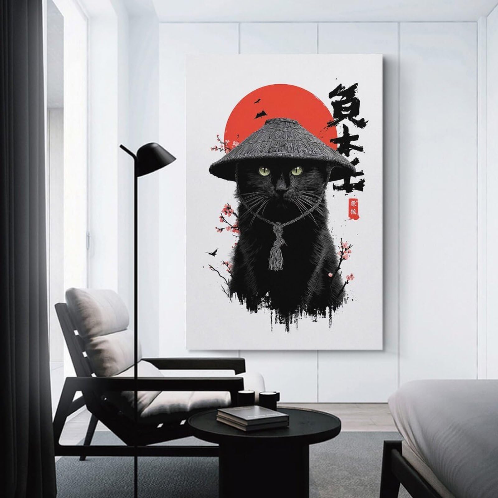 Junmoney Samurai Cat with Asian Aesthetics Hanging Wall Art 24x36inch(60x90cm), for Front Hall, Corridor Or Welcome Spaces, Wall Decor to Refresh Empty Corners