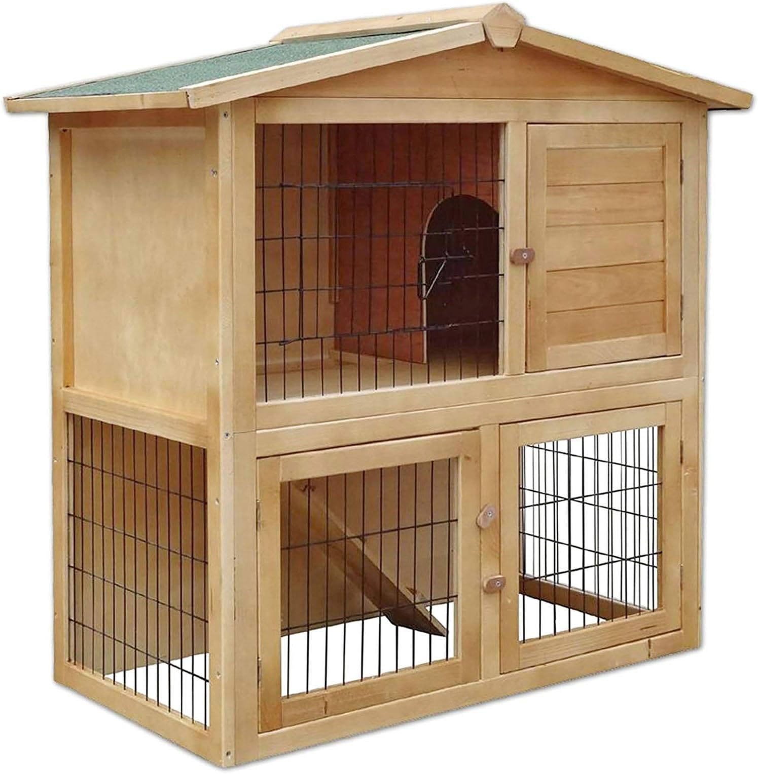 lionto Wooden rabbit hutch on two levels with ramp, 98x54x100 cm, water-repellent bitumen roof & metal mesh, winter-proof rabbit hutch for outdoors with 4 entrances