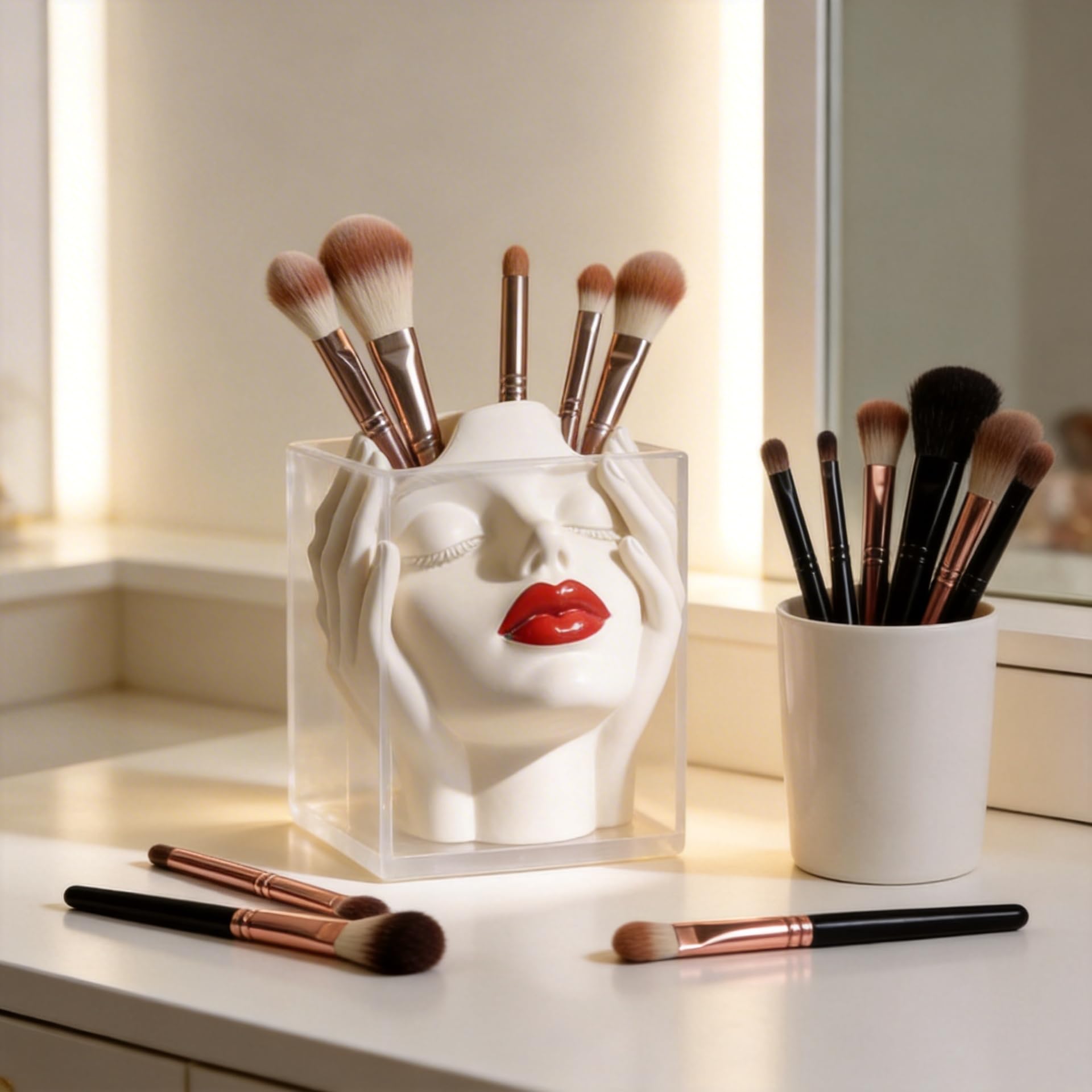 Organizzatore artistico per pennelli da trucco femminile bohémien con design dipinto a mano, confezione da 1 porta cosmetici in ceramica per decorazione da piano di lavoro (bianco crema, 12 x 8