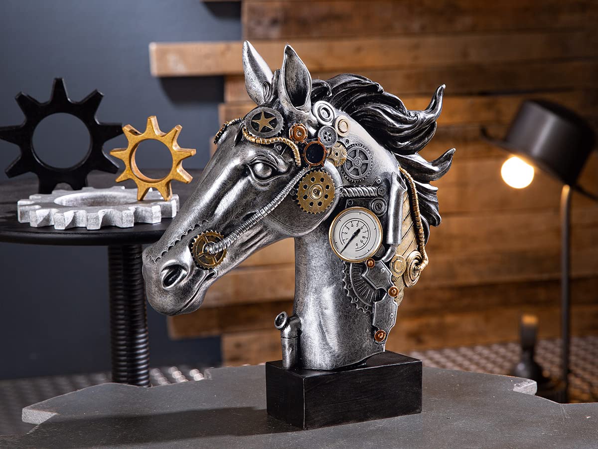 Casablanca dekoracyjna rzeźba figurka steampunk koń z żywicy syntetycznej - akcesoria do salonu - prezent - kolor: srebrny miedź - wysokość 34 cm