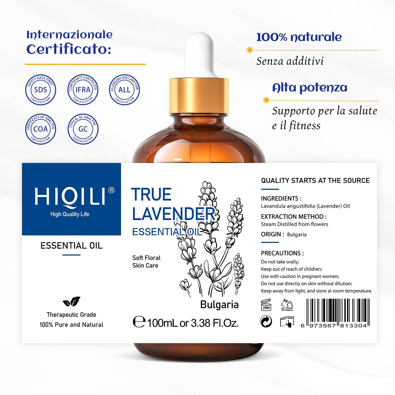 HIQILI 100ml Olio Essenziale Lavanda - 100% Puri Non Diluiti, Grado Terapeutico per Diffusore Aromaterapico in Camera, Allevia lo Stress, Migliora la Qualità del Sonno | con Contagocce in Vetro