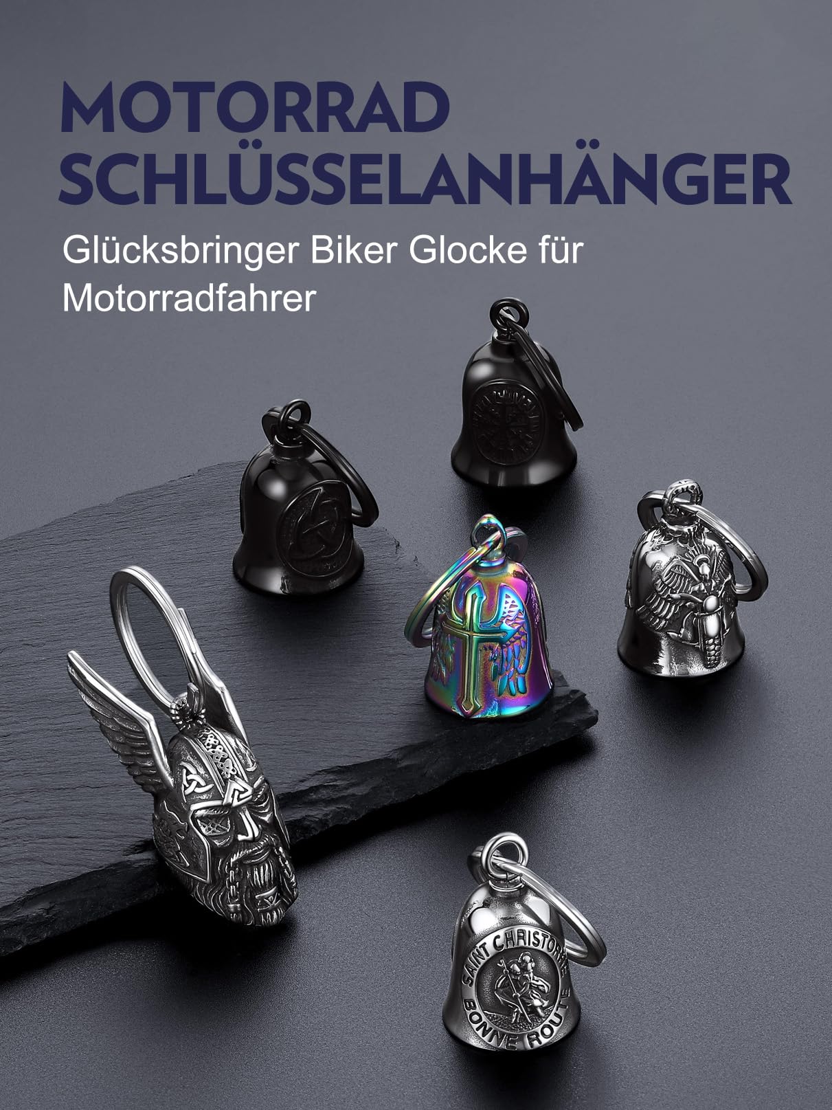 Bandmax Schlüsselanhänger Motorrad Glocke Edelstahl Motorradglocke Schlüsselanhänger Wikinger Glücksbringer Schlüsselanhänger für Motorradfahrer