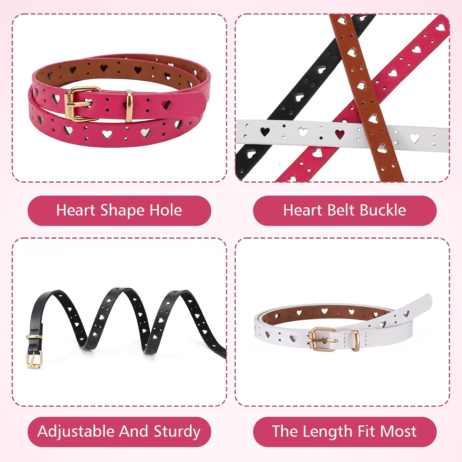 8 Pcs Kids Belt for Girls Durable PU Leather Belts 4 Color Metal Buckle Hollow Heart Circle Hole Design Youth Belt for Uniform Casual Dress Pants Jean