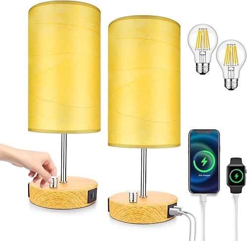 Juego de 2 lámparas de mesita de noche regulables sin escalones, luces de mesita de noche para dormitorio con puertos de carga USB A+C y salida de