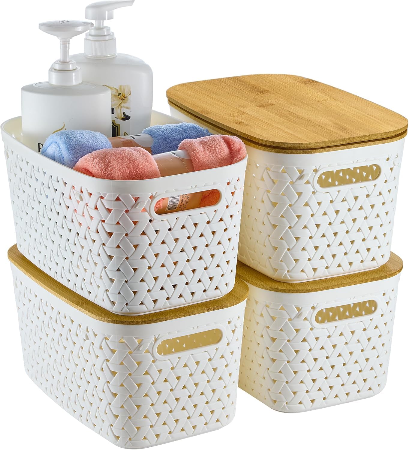 Sagittar Set of 4 Storage Boxes with Bamboo Lid, Plastic Storage Baskets, Imitation Rattan Baskets, Minimalist Storage Boxes for Desks, Coffee Tables, Dressing Tables, Shelves (White)