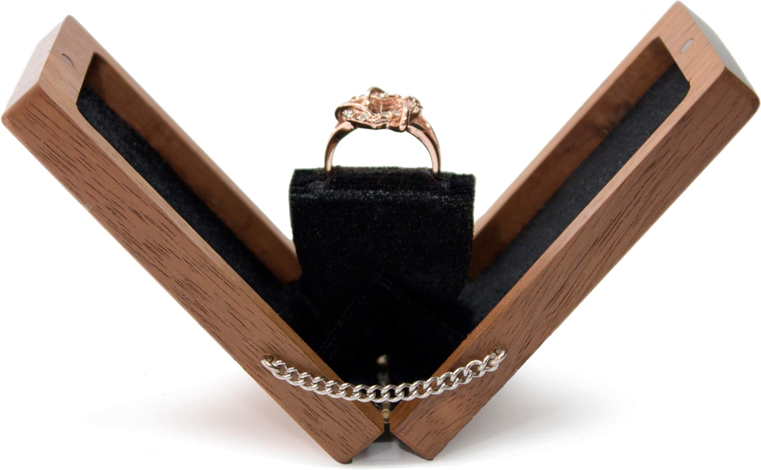 Engagement Flat Ring Box - Proposal Wooden Ring Box - Wedding Slim Velvet Ring case - Square Thin up Engagement Rotating Box Secret