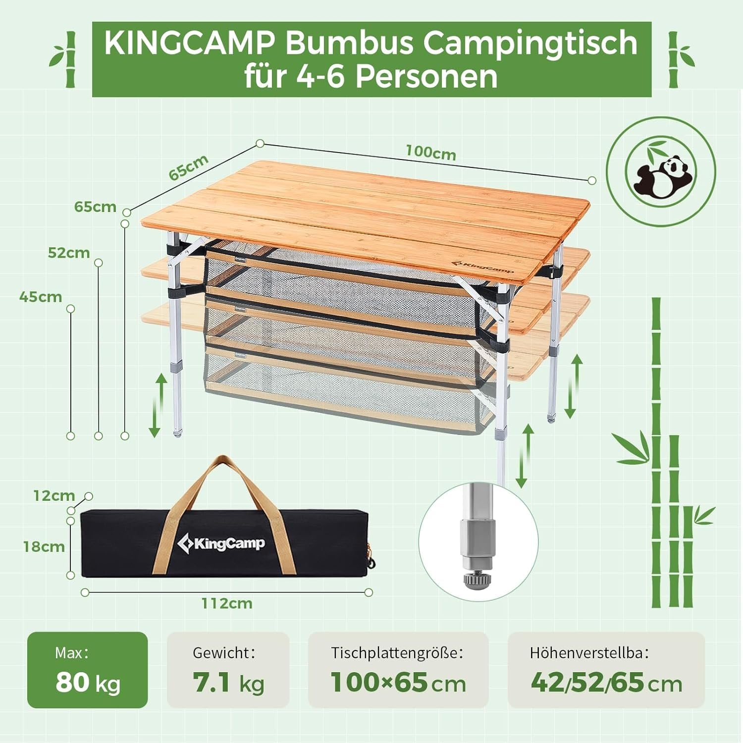 KingCamp Campingtisch Bambus Klappbar Höhenverstellbar 45/52/65 cm bis 80kg | Klapptisch Faltbar Stabil Kompakt Tragbar Robuster Alu-rahmen für Camping Picknick Garten Balkon 100x65cm mit Klappnetz