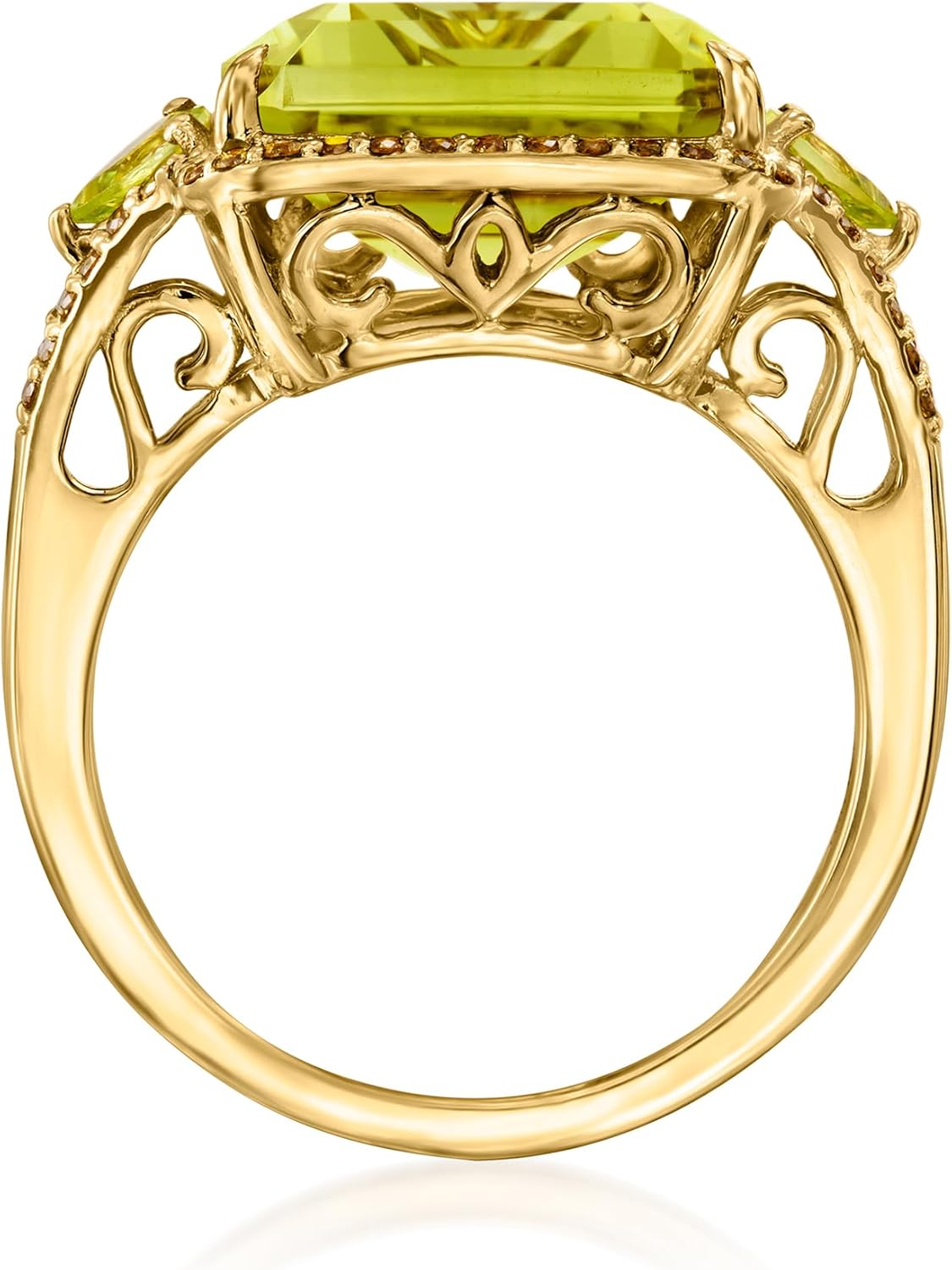 Ross-Simons 10.00 Carat Lemon Quartz Ring With .30 ct. t.w. Peridots and .36 ct. t.w. Yellow Diamonds in 14kt Yellow Gold