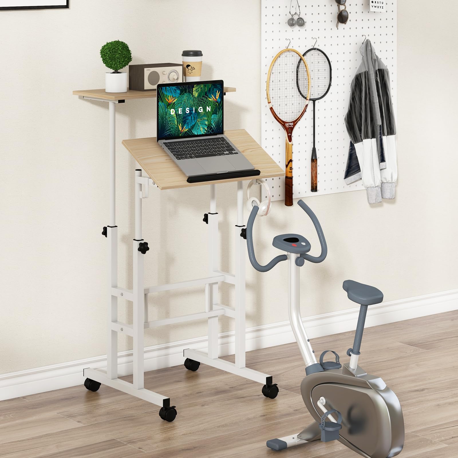 COSTWAY Scrivania per Computer Regolabile in Altezza, Postazione di Lavoro per Computer con Ruote e Ganci, Tavolo Porta PC per Studio e Ufficio, 60 x 60 x 72-124 cm (Naturale)