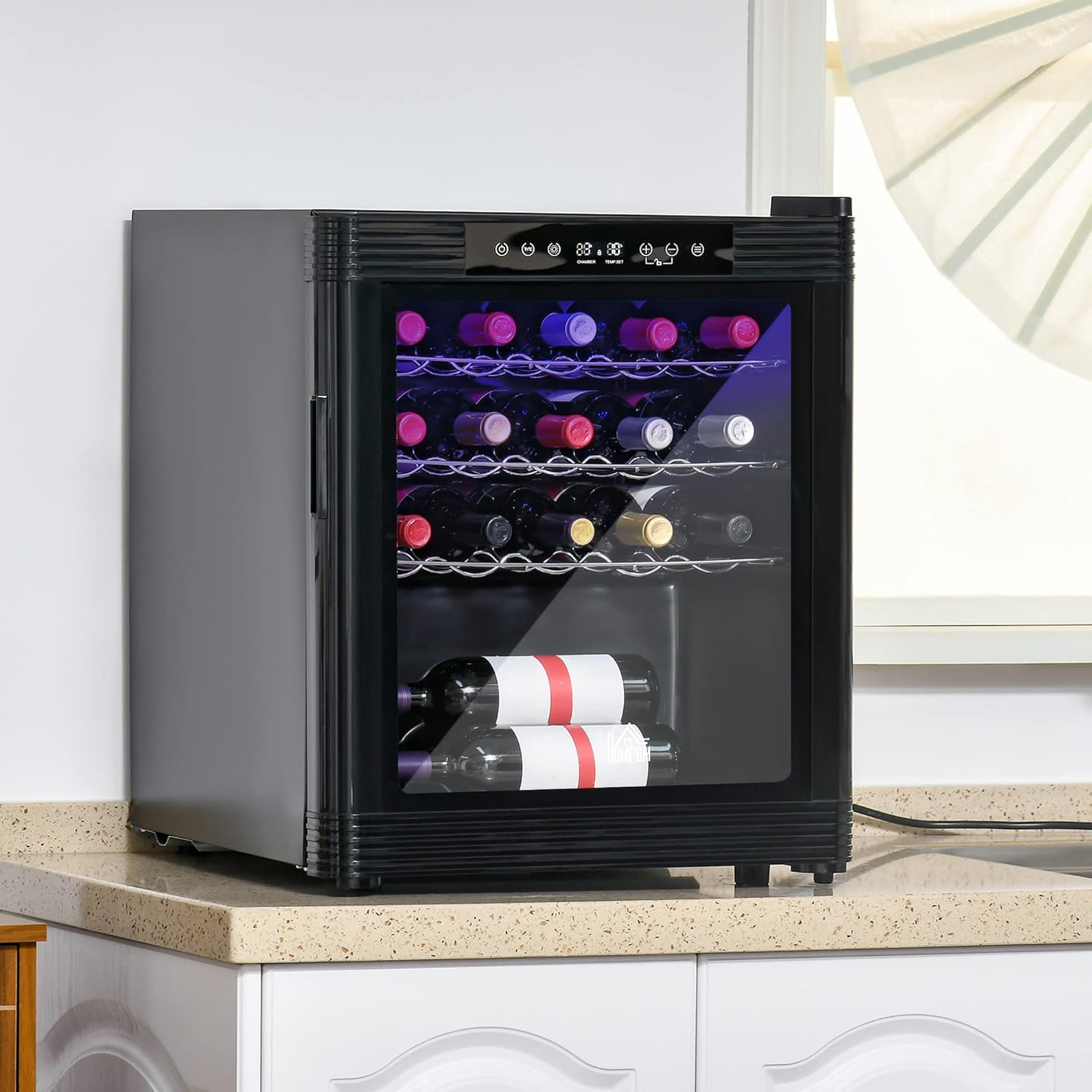 YESGIGA 18 Bottle Wine Cooler, Mini Beverage Fridge, Freestanding Wine Cellar with Digital Temperature Control, 3 Removable Shelves, Glass Door, Alarm Function and LED Lighting, Black