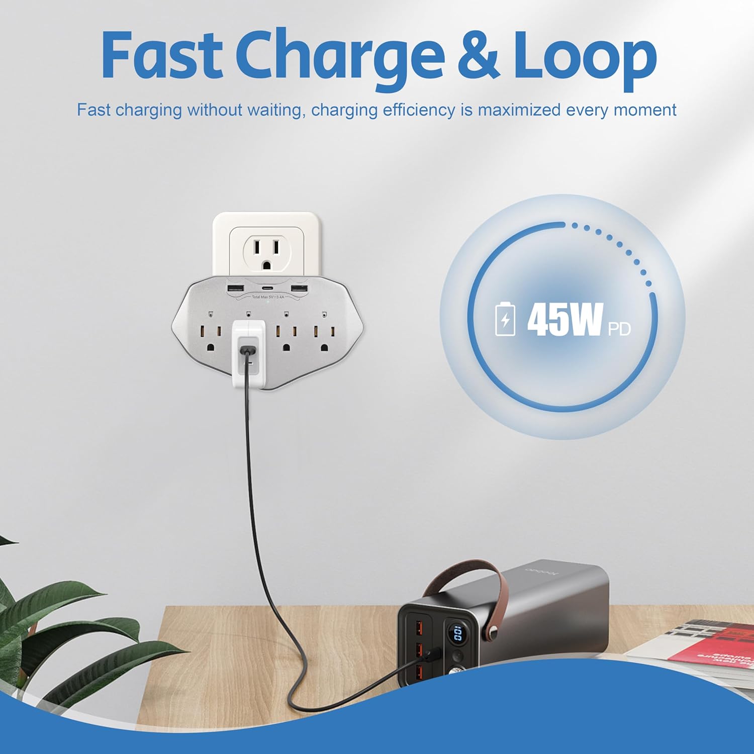 Wall Outlet Indoor Security Camera with 45W Fast Charger, 4-in-1 Power Outlet Camera with USB-A & USB-C, 1080P HD, Night Vision, WiFi Remote View