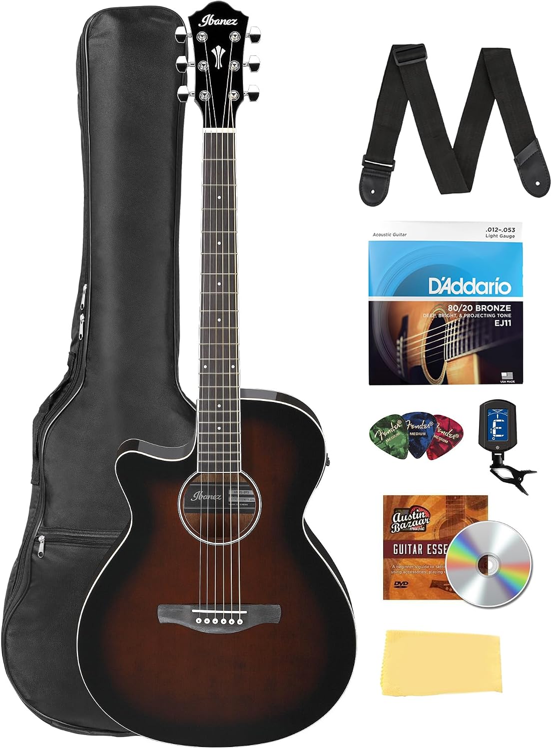 Ibanez AEG7L Acoustic-Electric Guitar Left-Handed - Dark Violin Sunburst Bundle with Gig Bag, Tuner, Strap, D'Addario Strings, Picks, Austin Bazaar Instructional DVD, and Polishing Cloth
