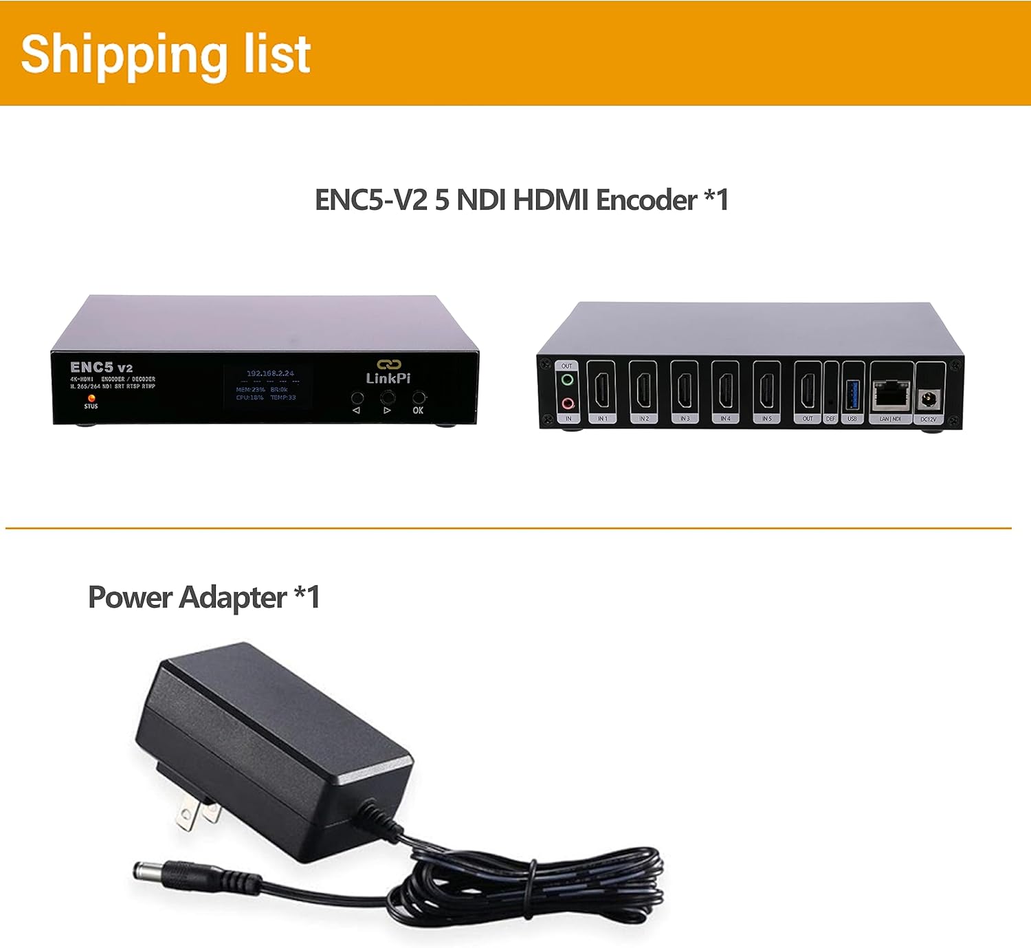 WayPonDEV Link Pi ENC5-V2 5 Port NDI HDMI Encoder, 4K 1080P Video Decoder, Support NDI/SRT/HX/RTMP/RTSP/ONVIF for YouTube Facebook Live Broadcast and Cameras, with 4GB DRR4 RAM